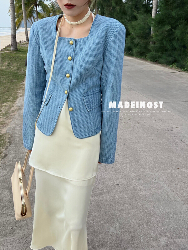 goods in stock! New year in early spring! [OSHA madeinost] vintage style square neck Plaid metal buckle denim jacket 86080# ll