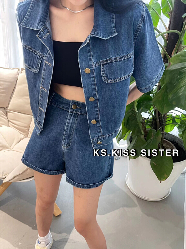 [KS] fashion button up short denim shirt + high waist casual pants set 28229# ozq