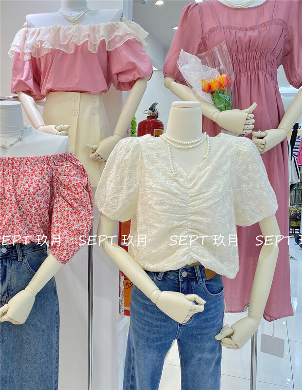 [set] French style V-neck temperament bubble sleeve shirt 2027# zxx