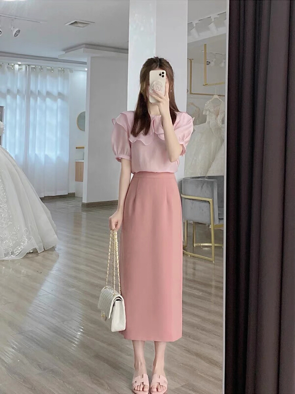 [jun.t] Xiaoxiang wind lotus leaf edge blouse + temperament slim skirt suit 6037# PCZ