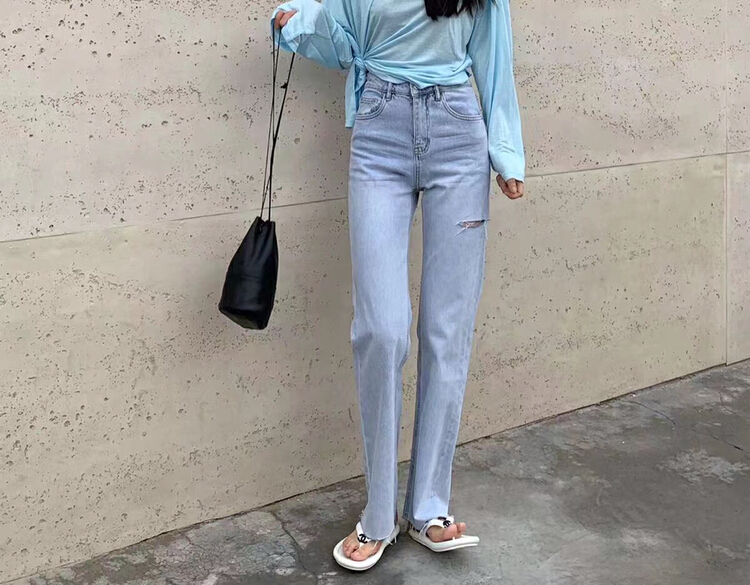 Original price 126.33! [1980] Korean style drop feeling hole breaking thin slim fit comfortable jeans 91539-1# zyh