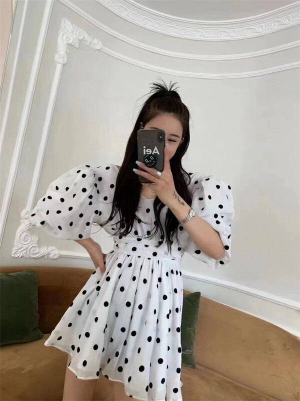[FC] Korean V-neck wave point waist closing dress 1110# PCZ