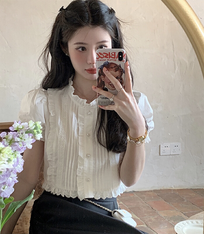 [smile baby] French retro westernized age reducing stand collar stitched lace shirt b3089# WPL