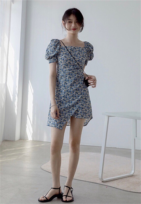 New in early summer! [ms.hui] vintage style square neck bubble sleeve floral irregular dress ys1-906-1# WPL