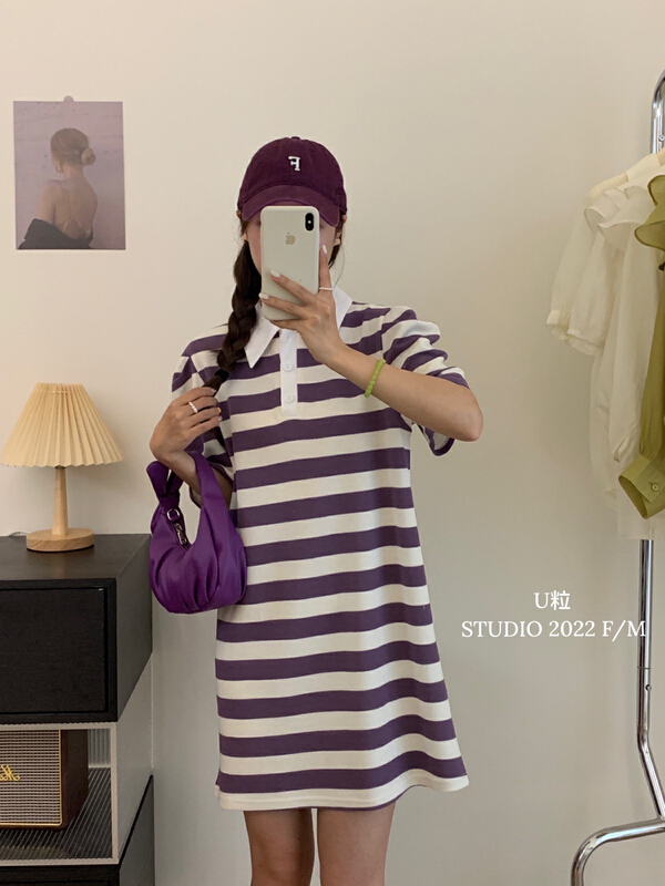 [U grain] small fresh big stripe polo collar casual dress 5595# HBx