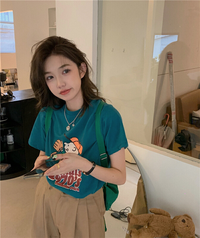 Korean style ins age reduction regular small loose cotton printed cartoon Pullover short sleeve T-shirt 0400# WPL
