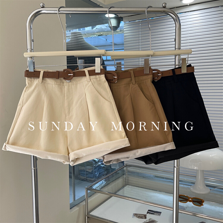 [Sunday morning] Vintage solid color high waist loose and slim casual shorts (with detachable belt) 6975# zjy