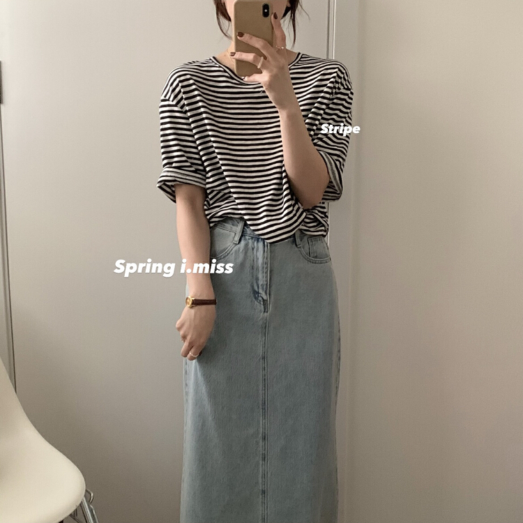 Original price 32.71! New year in early spring! [Imiss] fashionable and versatile round neck striped Pullover short sleeve T-shirt (only short sleeve T-shirts) cx3276# LSW