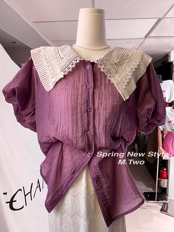 [m.two] lace collar Bubble Sleeve Chiffon shirt 7633# hyy