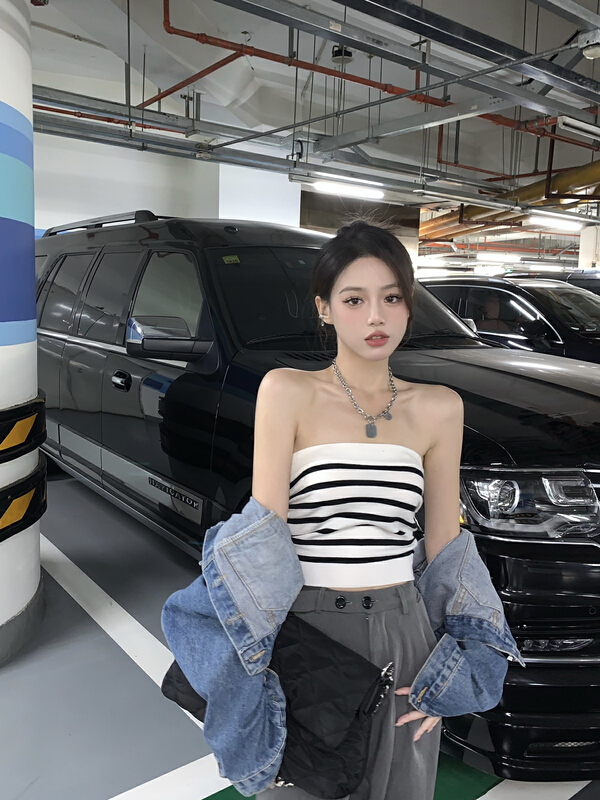 [yes] striped strapless bra Knitted Blouse 22081# ozq