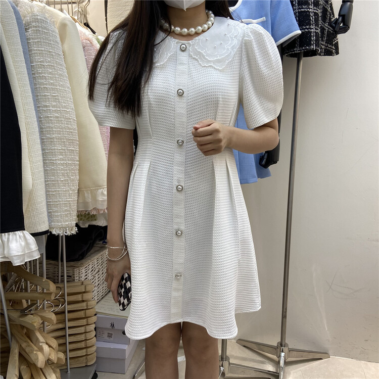 New in early summer! [Zaka] French retro color contrast nail bead single breasted dress l58262# L