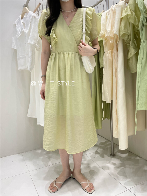 [wt] V-neck, waist closed, thin, ruffled dress 6109# HBx