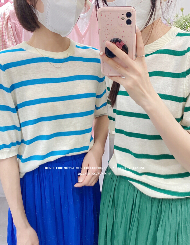 [teem ing] Korean fashion stripe short sleeve warm sweater 22t172# hjy