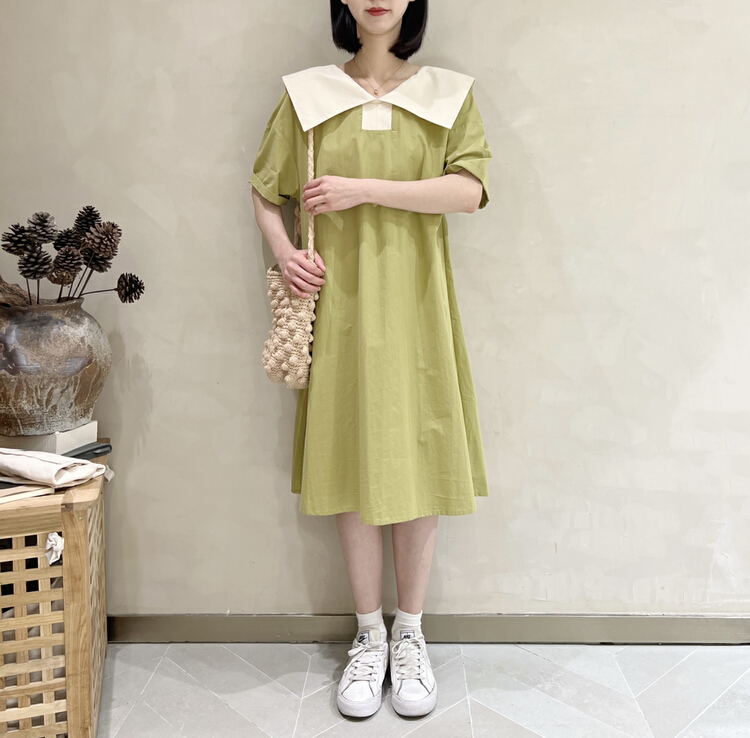 New in early summer! [I look] Japanese college style color contrast collar dress 12053# ZSY