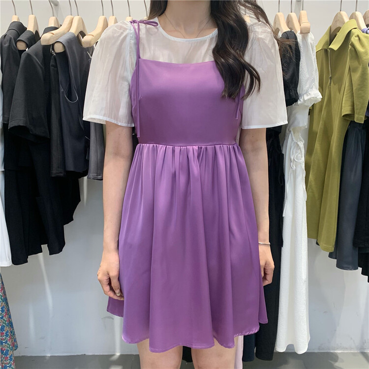 [w-jia] Korean round neck bubble sleeve blouse + suspender sweet dress set 16819# PCZ