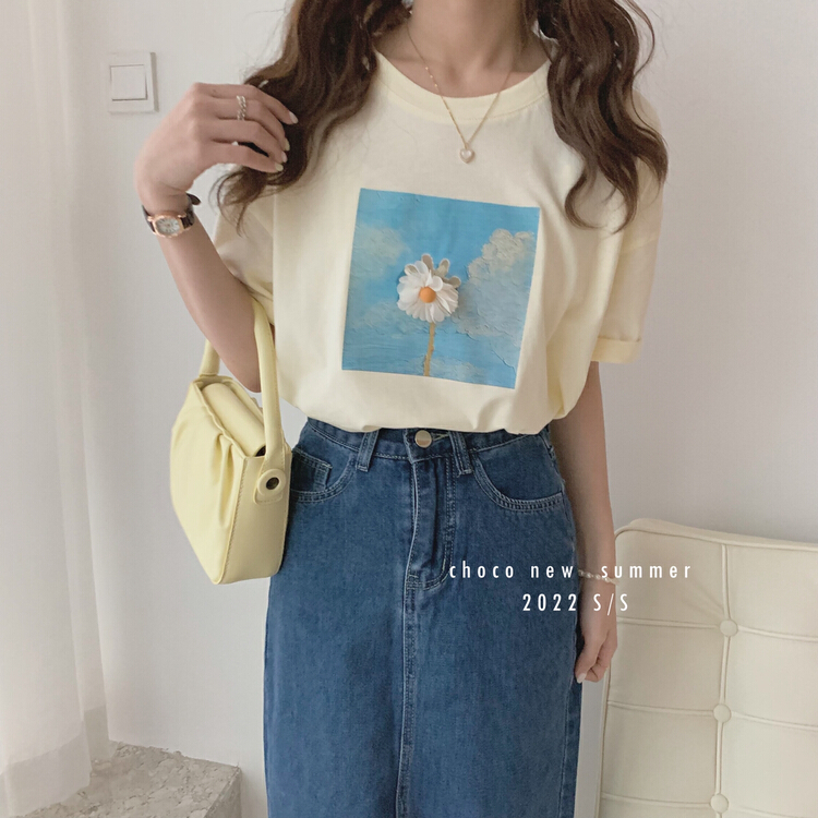 New in early summer! [choco] Korean small fresh flower printed short sleeve T-shirt (with Brooch) 8236# HBx