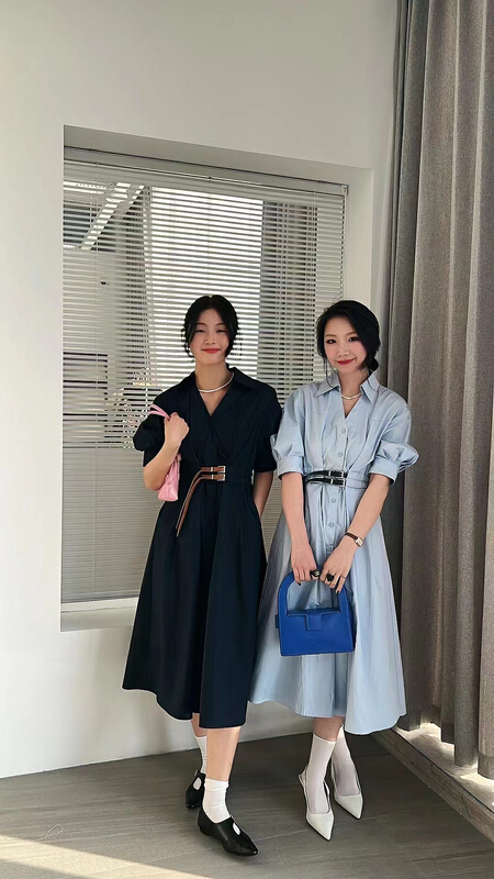 goods in stock! [u say] Korean retro style Lapel double belt waist closing elastic dress (with belt) 65613# LSL