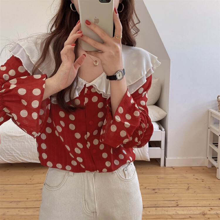 goods in stock! New year in early spring! [timely rain] Han Feng's sweet lotus leaf collar wave point shirt 09517# jhy
