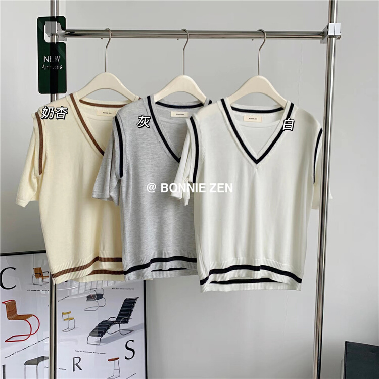New in early summer! [Bonnie] fake two V-neck slim short sleeve T-shirt 2248# XYJ