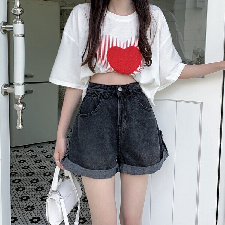 [ten. 10] Korean Vintage high waist curled wide leg skinny denim shorts 99788# WPL