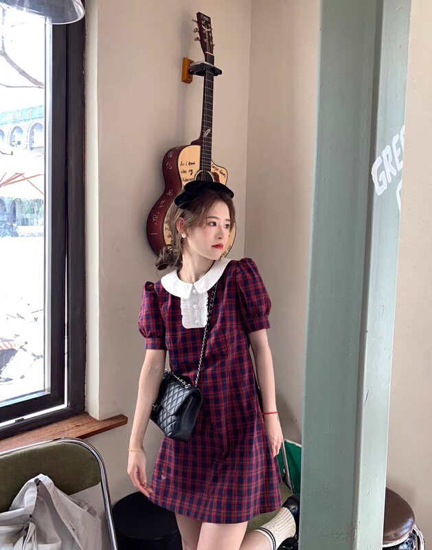 goods in stock! New in early summer! [RM. HH] Korean embroidered doll neck Plaid waist closing dress 293# ozq
