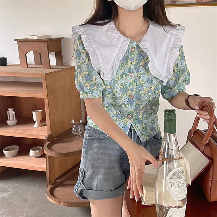 【 bobi 】 lady doll collar floral single breasted blouse 6603# hjy