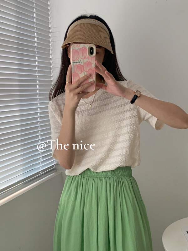 [the nice] Korean small fresh hollow out mesh Pullover short sleeve T-shirt a9190# hjy