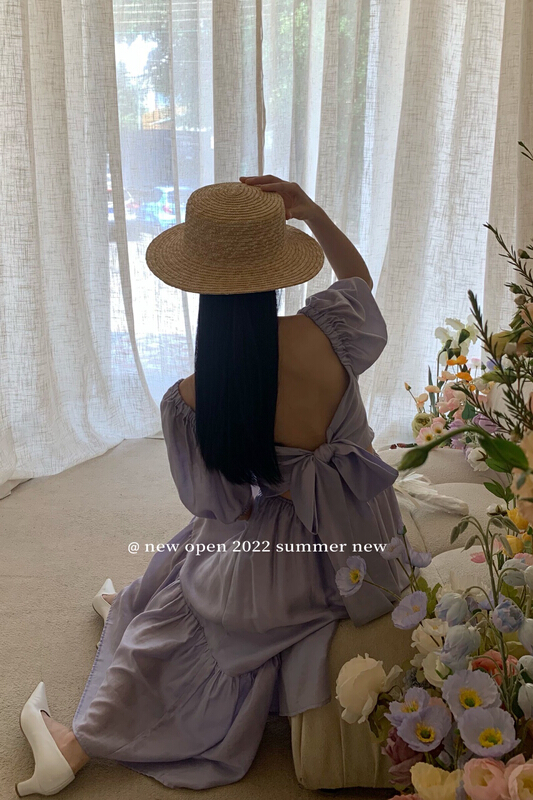 "NEW OPEN" French square collar backless Korean slim strap bubble sleeve dress SL22773# ZXL