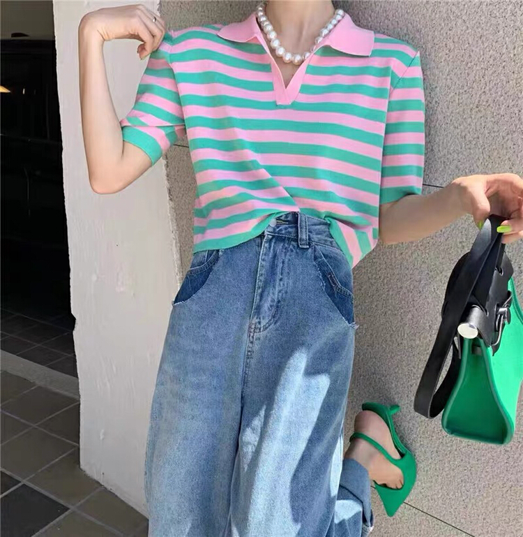 [f · P] striped polo collar design sense of minority sweet and chic short sweater 9505# HBx
