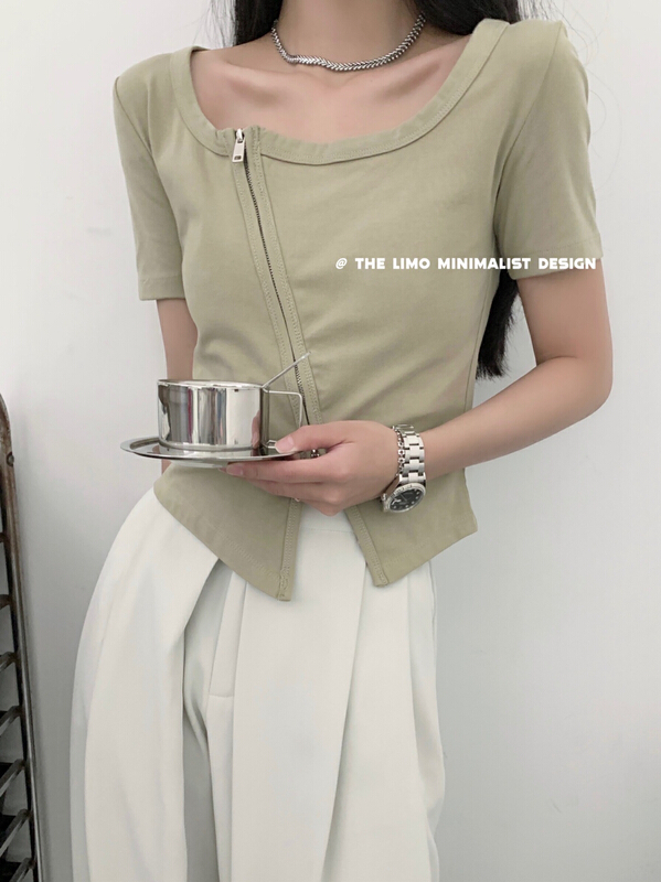 New in early summer! [the limo] diagonal zipper slim niche short sleeve T-shirt 6697# XYJ