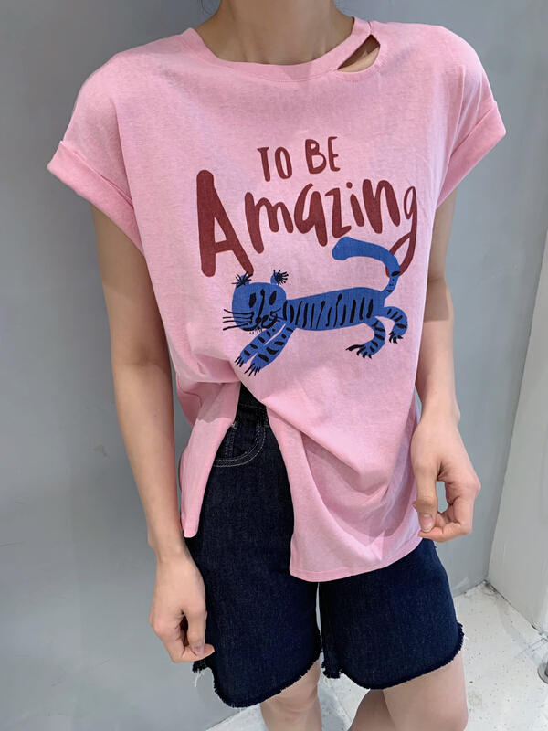 [m.two] vest style split cat print short sleeve T-shirt 70015# hyy