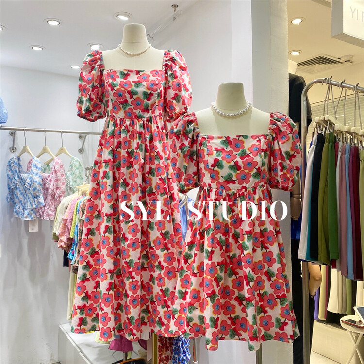 [SYL] square neck flower fashion dress 5205# L