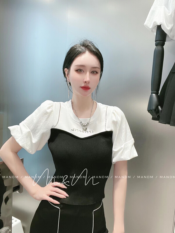 New in early summer! [M & M] Korean fake two piece design blouse (with shoulder strap) 16306# PCZ