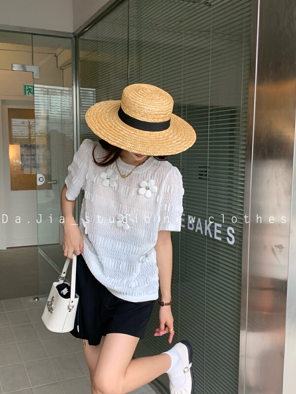 New in early summer! [Dajia] niche style elastic heavy industry flower short sleeve T-shirt 22235# CLS