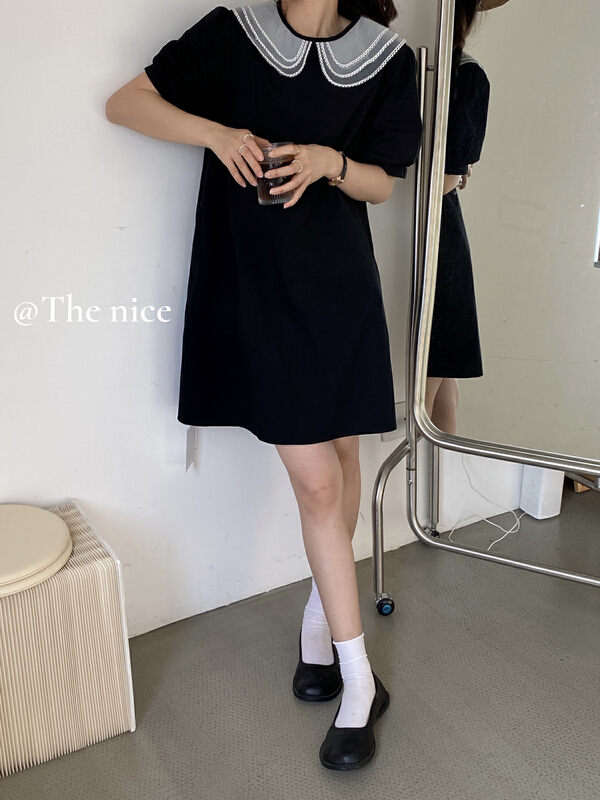 [the nice] lace contrast doll neck loose dress a6206# hjy