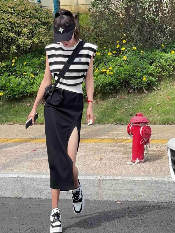 [jun.t] striped sleeveless vest + Split skirt suit 5945# PCZ