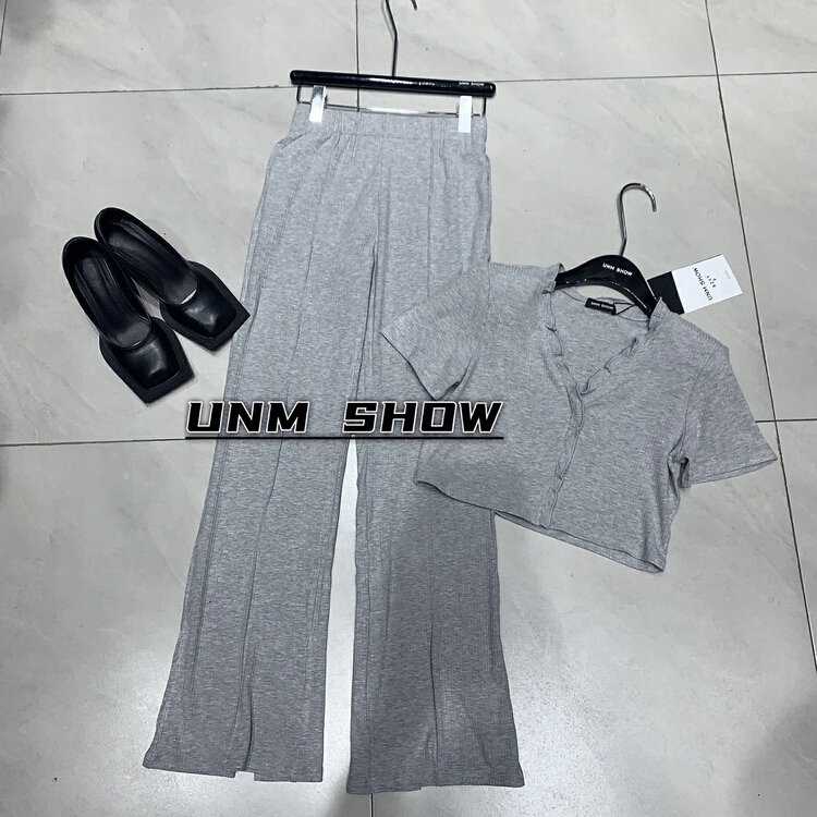 New in early summer! [unm-show] sweet fungus edge single breasted short sleeve + elastic waist simple wide leg leisure suit 6211# WTT