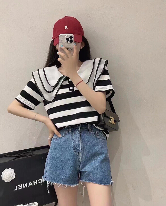 [path home] striped lotus leaf collar versatile short sleeve T-shirt 80616# WTT