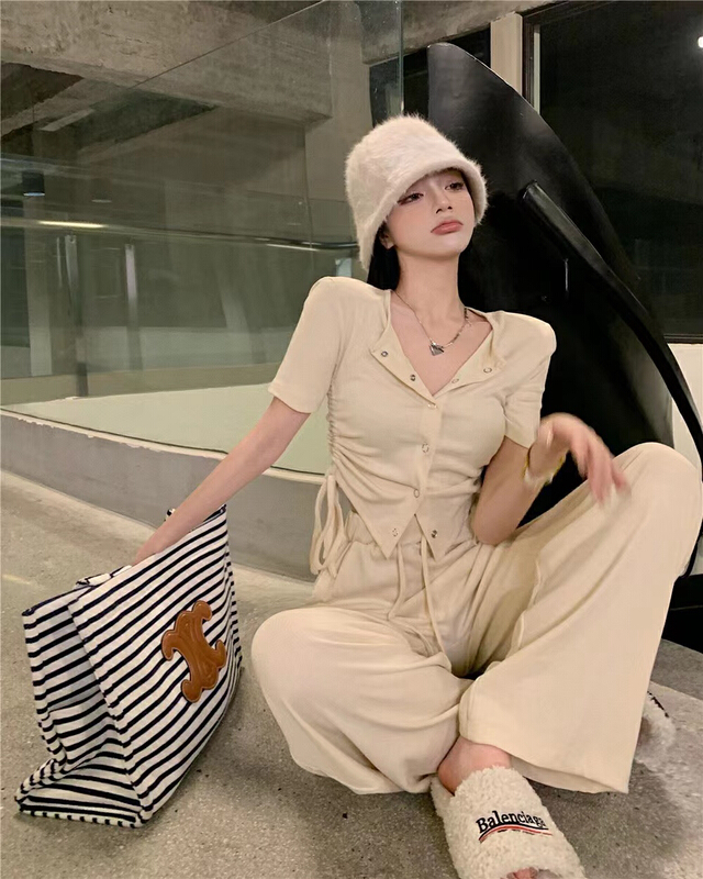 [I do] short breasted blouse + high waist straight tube versatile casual pants set 8137# cqw