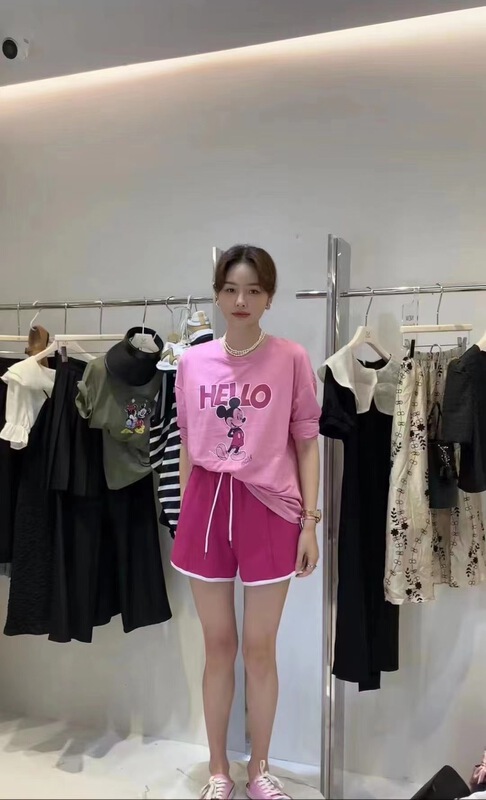 New in early summer! [OIT] cartoon printed long sleeve T-shirt + contrast lace up casual Shorts Set 9096# HBx