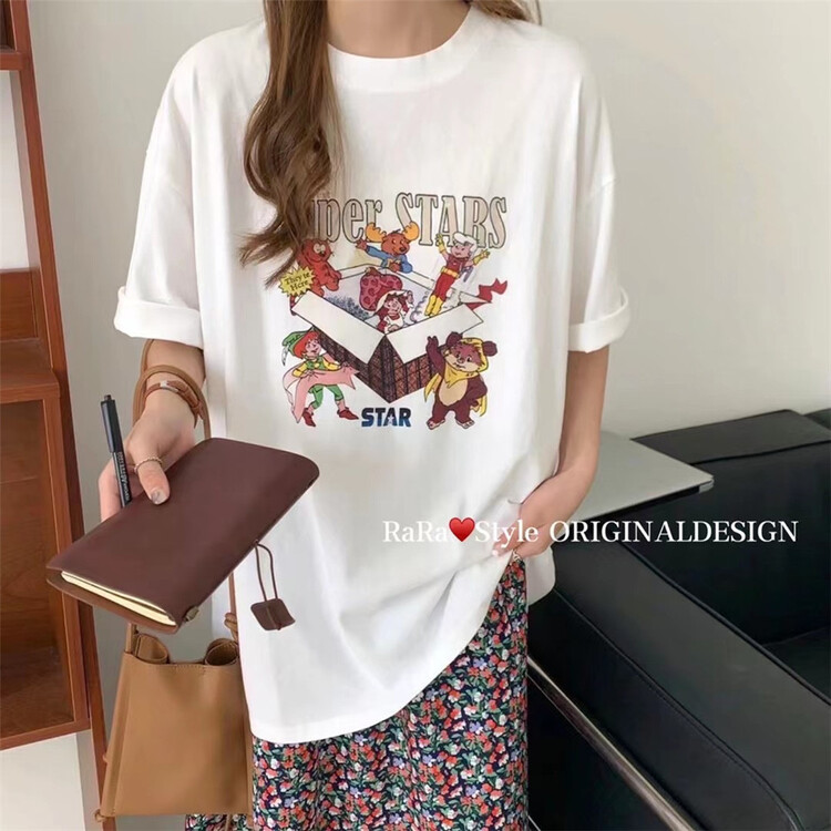 [rara] loose cartoon print versatile short sleeve T-shirt 19116-18# LSL