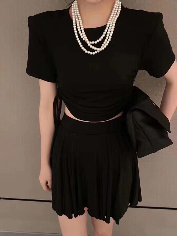 [Julia] crew neck loose side drawcord adjustment design t-shirt + elastic waist versatile high waist skirt set 950# HBx