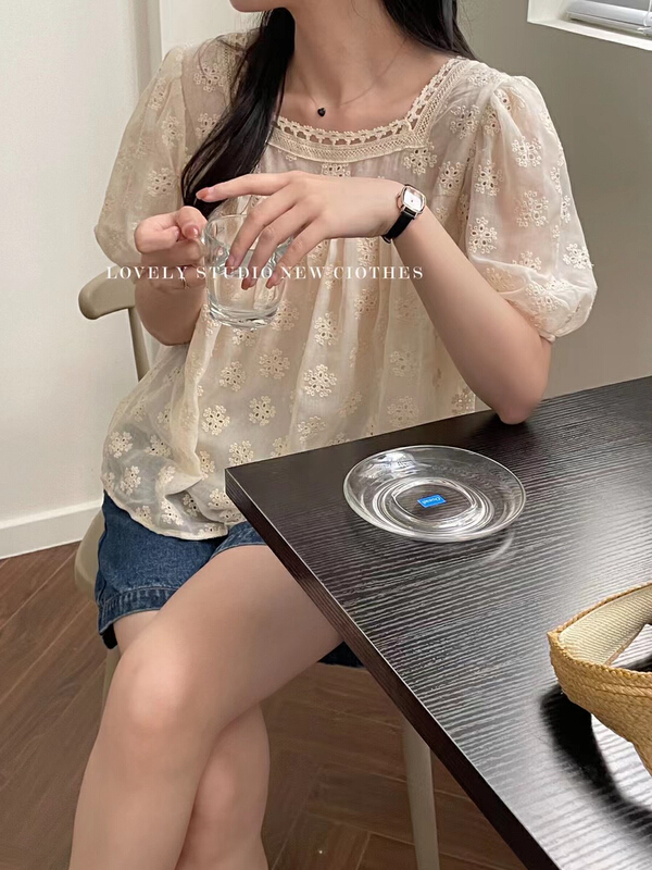 [love] Fashion Square Neck embroidered lace shirt s1575# HBx