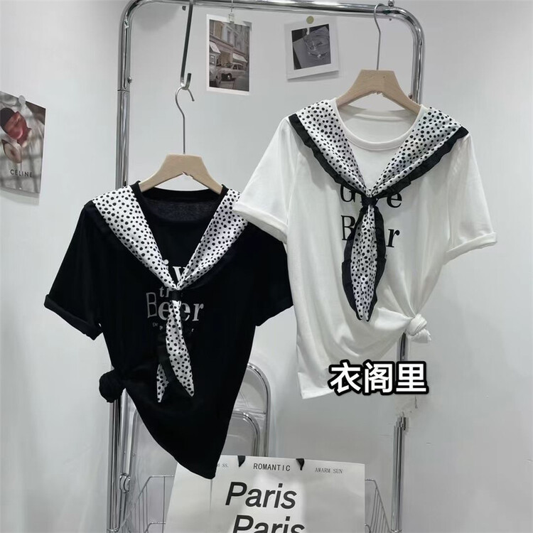 [Yi Ge Li] Korean alphabet printed short sleeve T-shirt (silk scarf cannot be removed) 1172# WPL