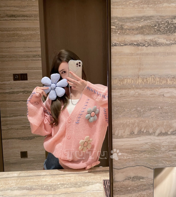[Tutu] Korean version floret loose knit cardigan (with flower bag) a2729# cqw