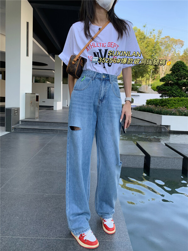 Summer new! [suxinlan] high waisted and perforated versatile jeans 35256# LSL