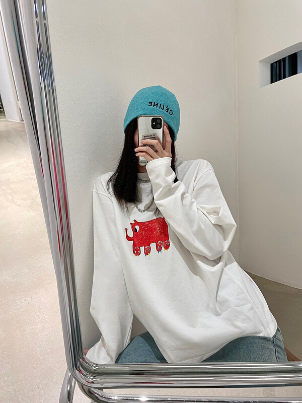 [Nancy] cartoon contrast elephant print with embroidered long sleeve T-shirt bs8526# WPL