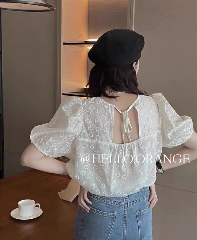 [orange] Korean round neck embroidered back lace up blouse (excluding matching) 8840# HBx