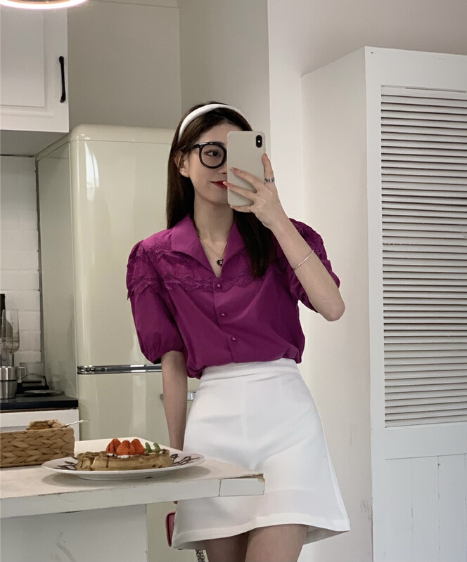 New in early summer! [rich Papa] Korean lace stitched bubble sleeve shirt c041# zxx