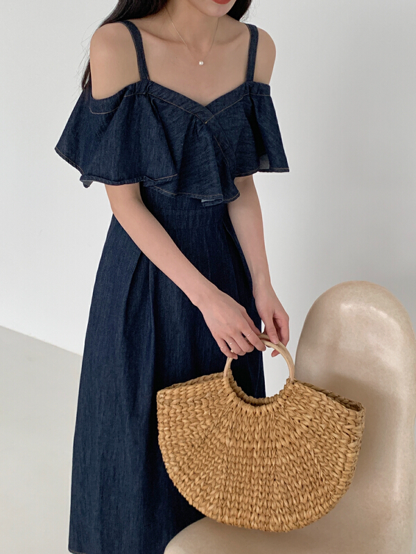 [new open] Korean high-grade lotus leaf collar straight neck suspender denim dress sl22713# zxl
